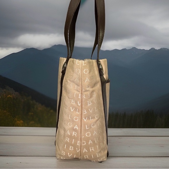 Bvlgari Logo Mania Beige Canvas Brown Leather Tote - Picture 5 of 11